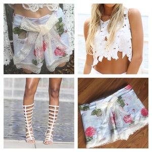 "Somewhere in Paris" Floral Lace Trim Shorts