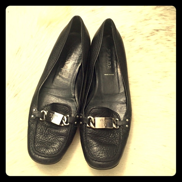 Prada Black Leather Loafers w Silver Buckle Sz 8