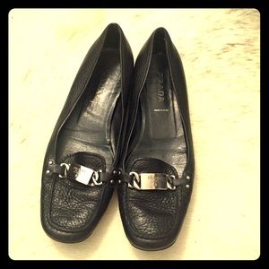 Prada Black Leather Loafers w Silver Buckle Sz 8