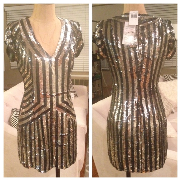 ❌SOLD❌ NWT Parker silver grey sequin stripe dress - Picture 2 of 2