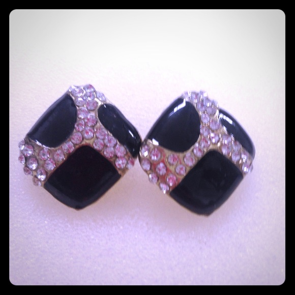 Gold and Black Earrings with Rhinestones