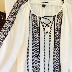 Embroidered black and white peasant blouse