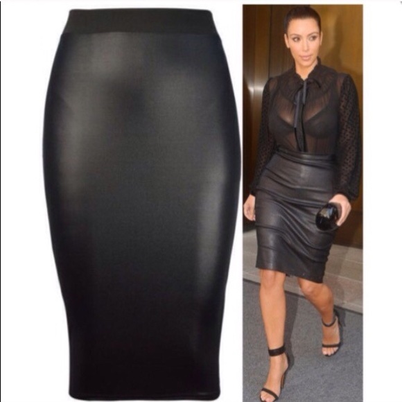 Black Wet Look Midi Skirt