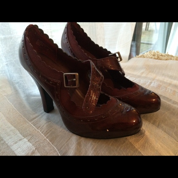 Maroon Mary-Jane patent heels