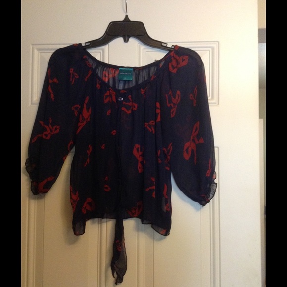 Color of Love  Tops - Colorful Flowy Dark Blue Top with Ribbon Print