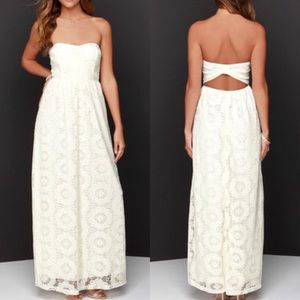 LULU'S cream crochet strapless maxi dress