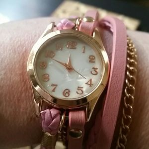 Leather wrap around watch pink