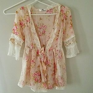 Sheer floral with lacey trim shirt/coverup
