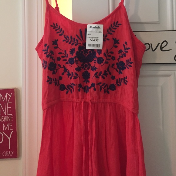 Red maxi dress with navy blue floral print
