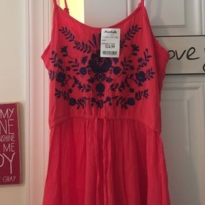 Red maxi dress with navy blue floral print