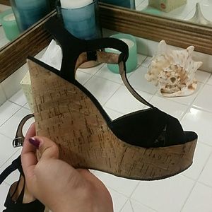Black cork wedge heels