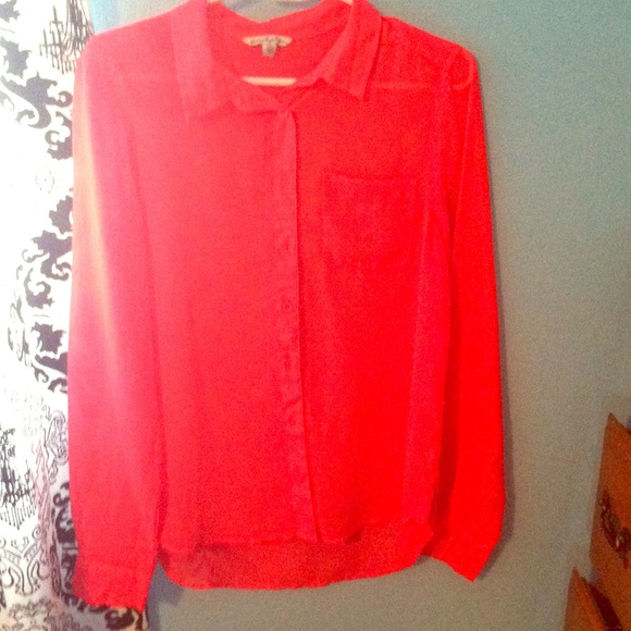Button-up sheer neon coral American Eagle shirt