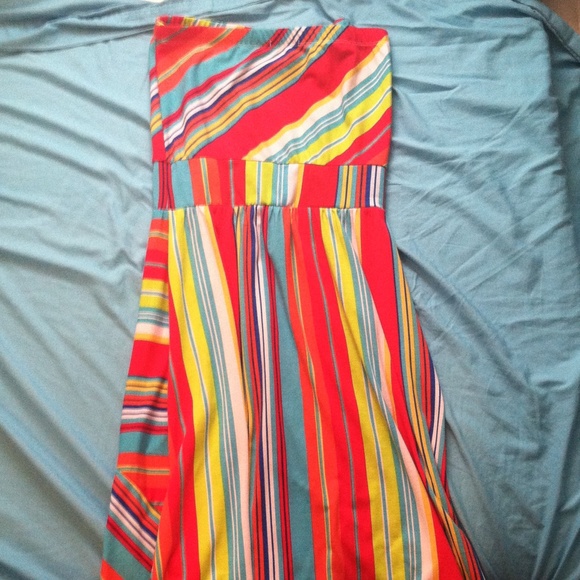 Bright multi-stripe strapless maxi dress