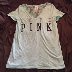 VS PINK light blue v-neck top with lace back.