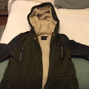 asos army green coat with black leather sleeves asos army green coat with black leather sleeves