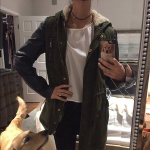 asos army green coat with black leather sleeves
