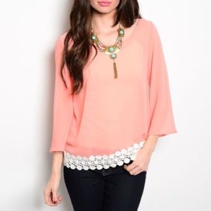 🎉🎀HOST PICK!!🎀🎉 Peach Crochet Trim Top