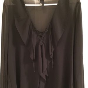 Long Sleeve Chiffon Blouse w/ Ruffle & Tie Detail