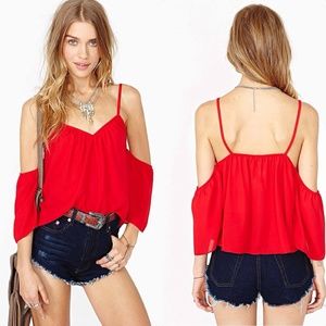 Red long sleeve off shoulder chiffon top one size