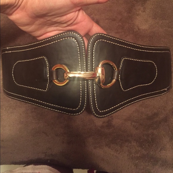 Dark brown stitched belt with gold buckle