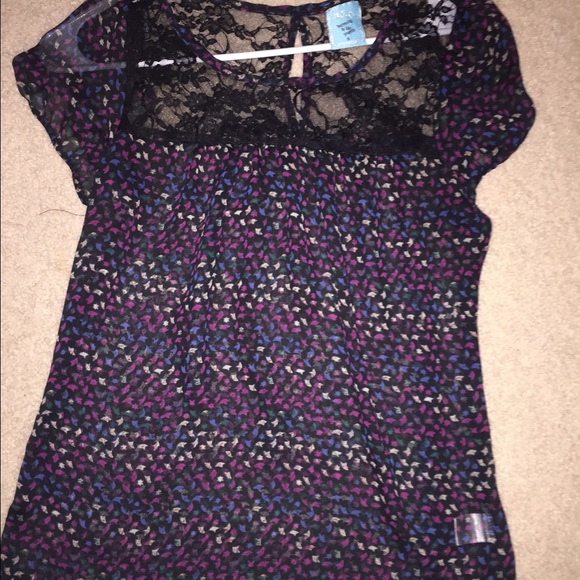 Sheer short sleeve top with lace detail