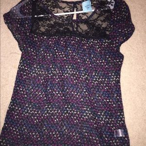 Sheer short sleeve top with lace detail