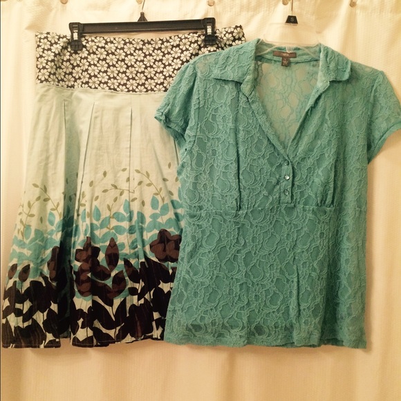 APT 9  2 PEICE  TEAL TOP N PRINTED SKIRT-14 TOP-LG