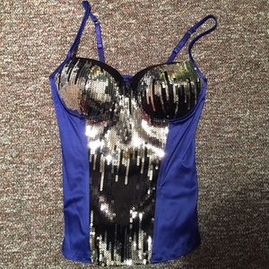BLUE BLACK AND SEQUIN CORSET TOP - NEVER WORN