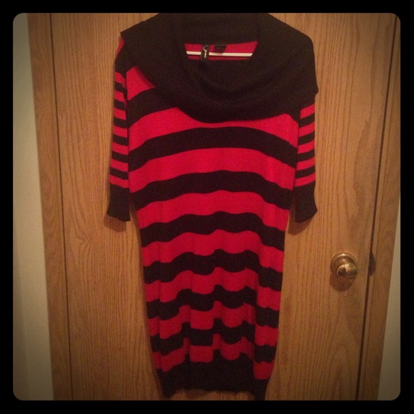 Red & Black Shawl Collar Sweater Dress