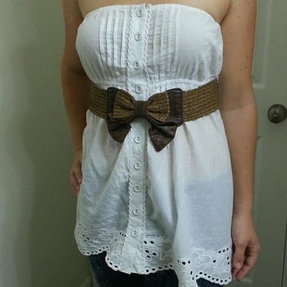 White eyelet button down tube top with belt