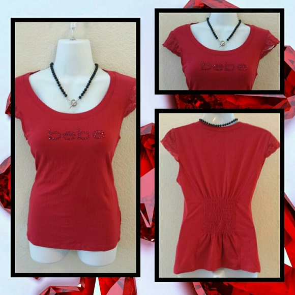 bebe Tops - NWOT Red BEBE lace cap sleeves with logo