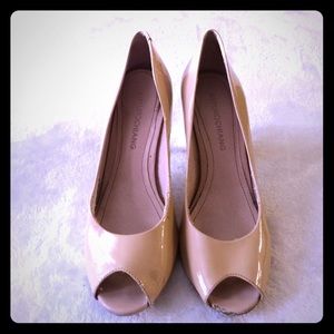 Nude Patent Leather Peep Toe Pumps, Size 6