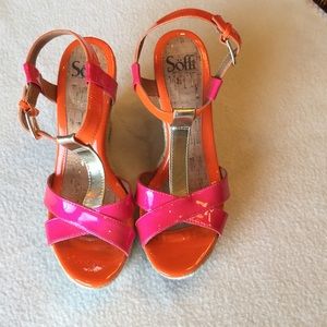Pink, orange and gold wedge sandals! Size 9.5