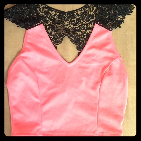 Super Cute Pink with Black Lace Crop Top!