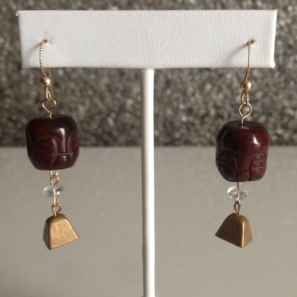 Brown Carved Buddha Earrings with Brass Bells