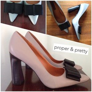 grey pointy toe black satin bow heels 10