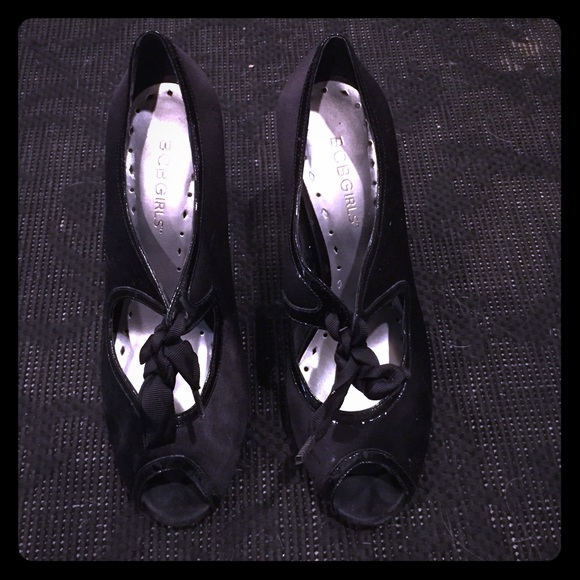 Black satin bcbg girls peep toe shoes