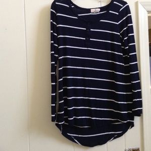 Long sleeve navy blue and white striped shirt