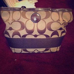 Coach signature stripe tote handbag khaki/mahogany