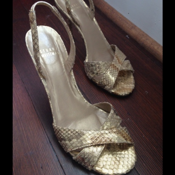 Stuart Weitzman Gold snakeskin sling backs