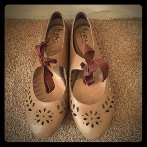 B.O.C. Tan laser-cut Mary Jane flats with ribbon