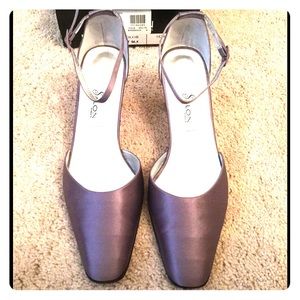 Lavender colored, fabric shoe with ankle strap