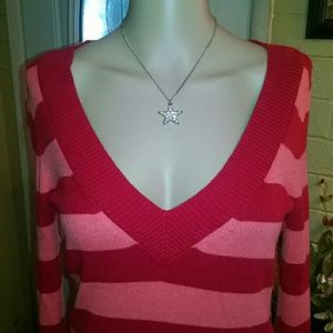 NWOT. Pink & red striped, V neck sweater top