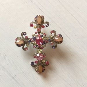 Vintage Rhinestone Pastel Cross Brooch