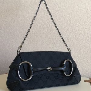 GUCCI Black Monogram Horsebit Clutch w/SilverChain