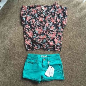 Sheer blouse green shorts outfit