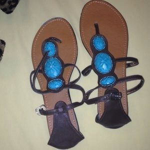 Brown leather sandals w/ turquoise rocks