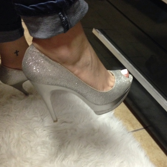Silver sparkly open toe heels