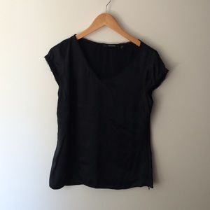 Tahari black silk blouse with chiffon trim