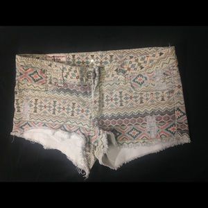 Tribal print denim shorts